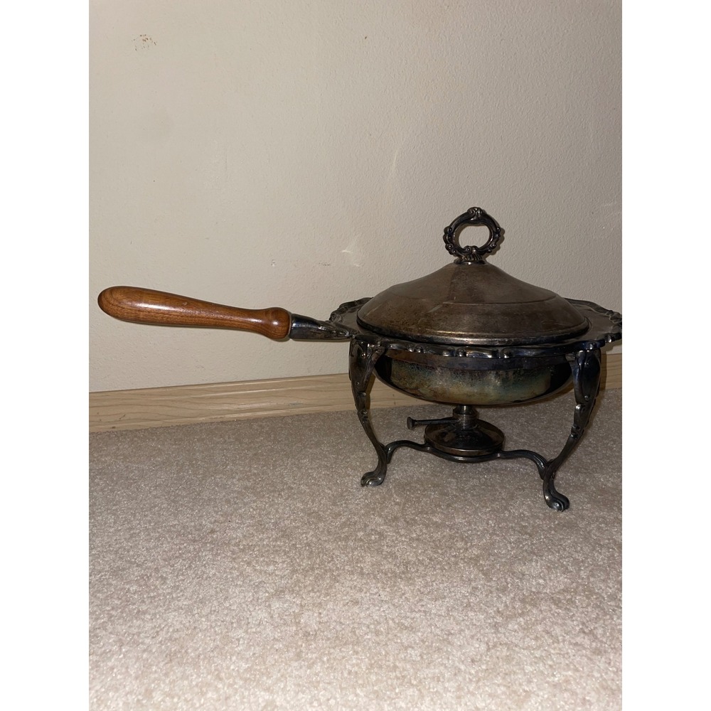 Vintage FB Rogers Silverplate Chafing Dish Set with Wood Handle and Burner Stand
